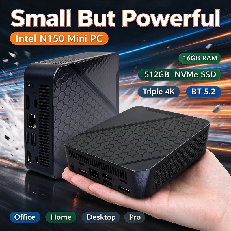 Mini PC Intel N150 16GB 512GB M2 NVMe SSD Triple 4K Silent Cooling Office Home Desktop WiFi6 BT52 Pro Ultra New Slim HD PC