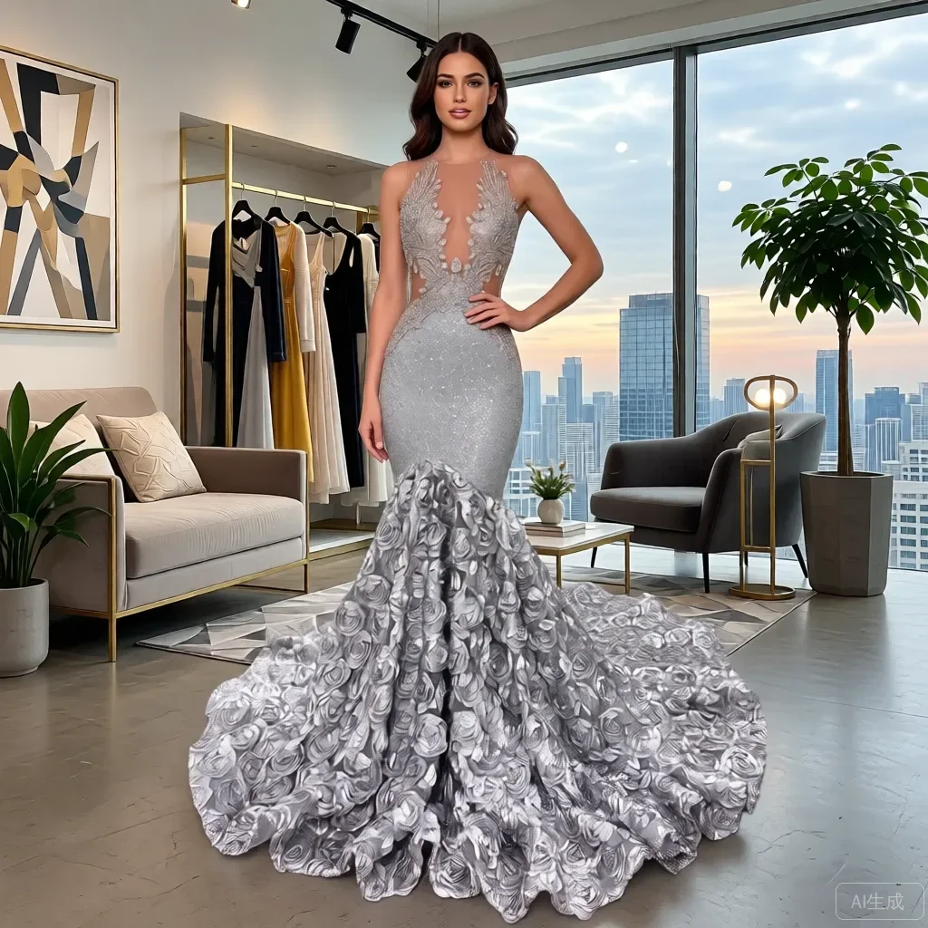 

Серебристо-серое вечернее платье русалки с кристаллами и вышивкой, прозрачный сетчатый лиф с розовым шлейфом, сексуальное вечернее платье с открытой спиной для гала-класса