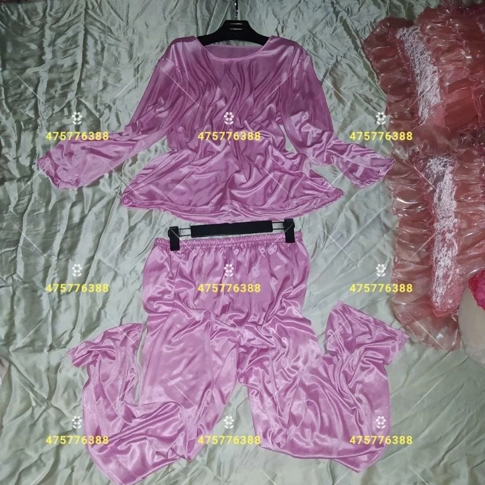 Spring glossy satin pajamas two-piece set Long sleeve women silk loose sleeping plus size top pants