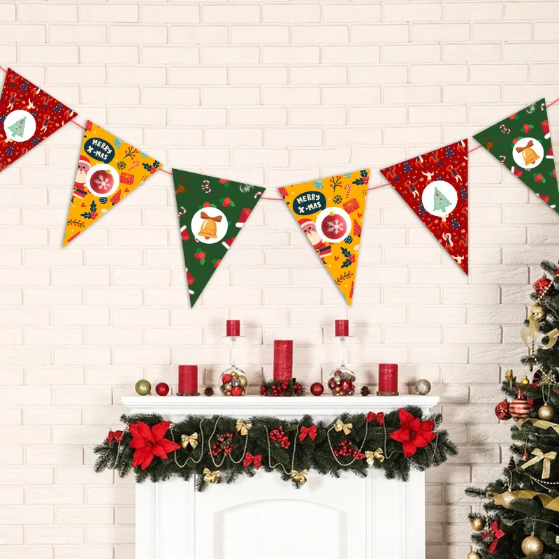 Christmas Cartoon Flag Pulling Elk Elderly Decoration Paper Flag Hanging Ceiling Wall Triangle Flower Birthday Party Pendant