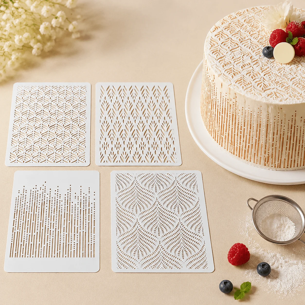 4Pcs Linear Leaf Cake Spray Stencils, Modern Geometric Texture PET Template for Cake Fondant & Cookie Baking Decoration