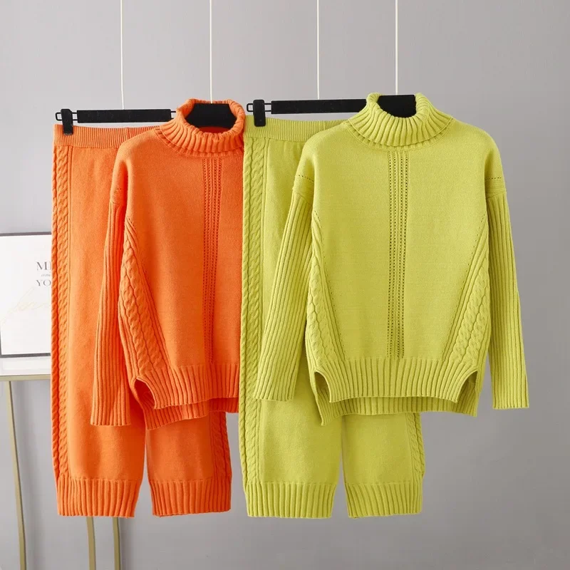 Damen 2-teiliges Set aus Rollkragenpullover und Mantel, Lässige Weite Hose mit Elastischem Bund, Herbst-Winter-Outfit – Detail 4