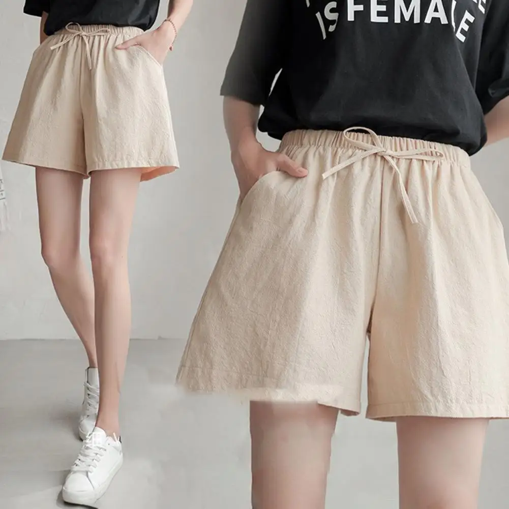 

Women Summer Shorts with Elastic High Waist Loose Drawstring Design Pockets Casual Sport Above Knee Length Jogging Short Pants