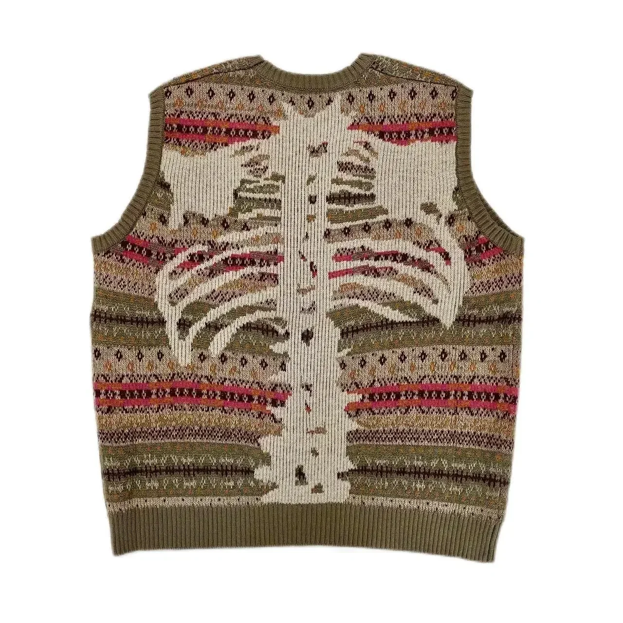 Kapital Vintage Non Hirata Hiroshi Bone Skeleton Japan Flower Stripe Knit Round Neck Men's Pink Loose Print Sweater Vest