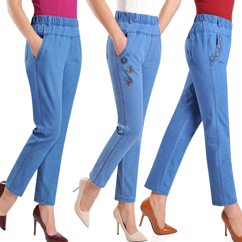 L-5XL Jeans Female Spring Summer New Embroidery Nine Denim Pants Slim High Waist Elasticity Casual Women Cowboy Pants H450