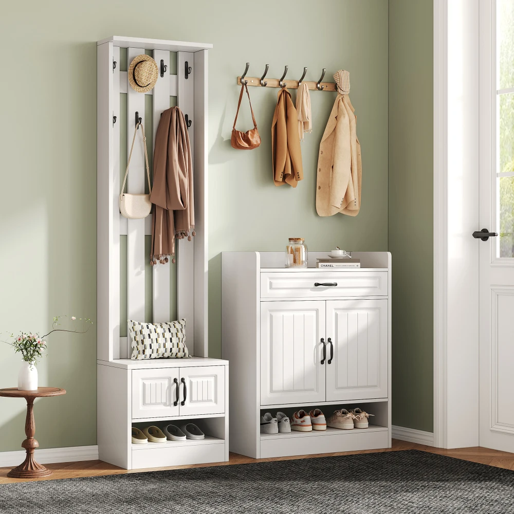 PINGGO Garderobenset, Wandschrank mit Schuhregal, 8 Haken, 4 Türen, 1 Schublade, weiße Flurmöbel, 125 x 36 x 190 cm – Detail 7