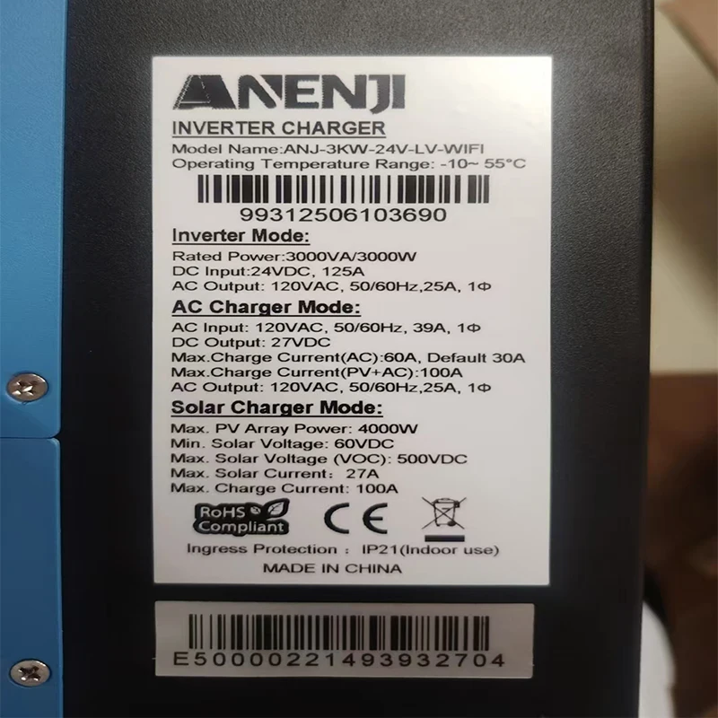

Гибридный солнечный инвертор ANENJI 12 кВт, 6 кВт, 3 кВт, 48 В, 24 В, 110 В/120 В переменного тока, параллельный инвертор, чистая синусоида, 220 А, солнечное зарядное устройство с Wi-Fi