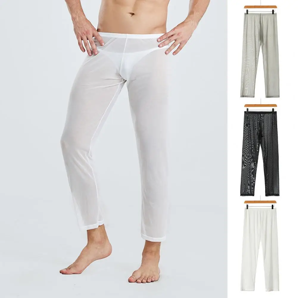 Men Pajama Pants See-through Ice Silk  Casual Trousers Soft Mid Waist Elastic Homewear Pants Solid Color Bottoming Pants