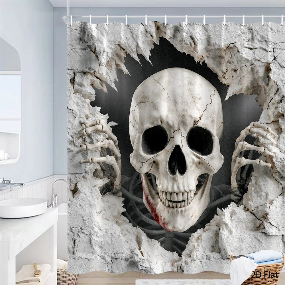 3D Skull Breaking Wall Shower Curtain, Horror Skeleton & Zombie Hand Print Waterproof Bathroom Decor, Scary Gothic Home Bath