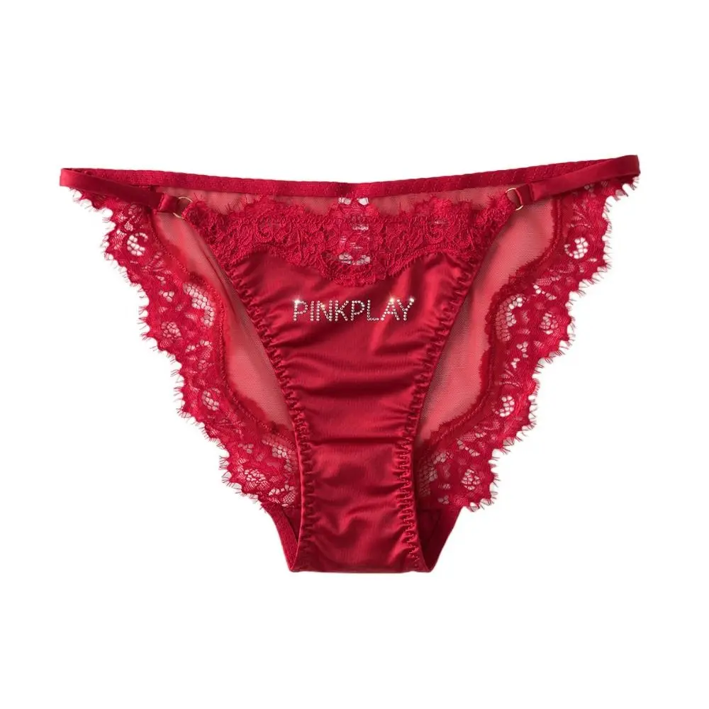 

Crystal Letter Satin Silk Panties Mid Waist Underwear Rhinestone Lace Briefs Female Lingeries Seamless Underpants for Women Girl