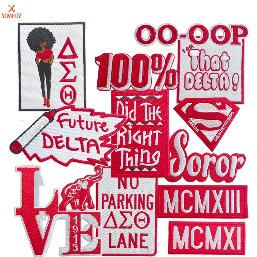 Embroidered OO-OOP Delta Sigma Theta Red Greek Letters Elephant Superman Designs for T-Shirts Totes Pillows Sneakers Bags