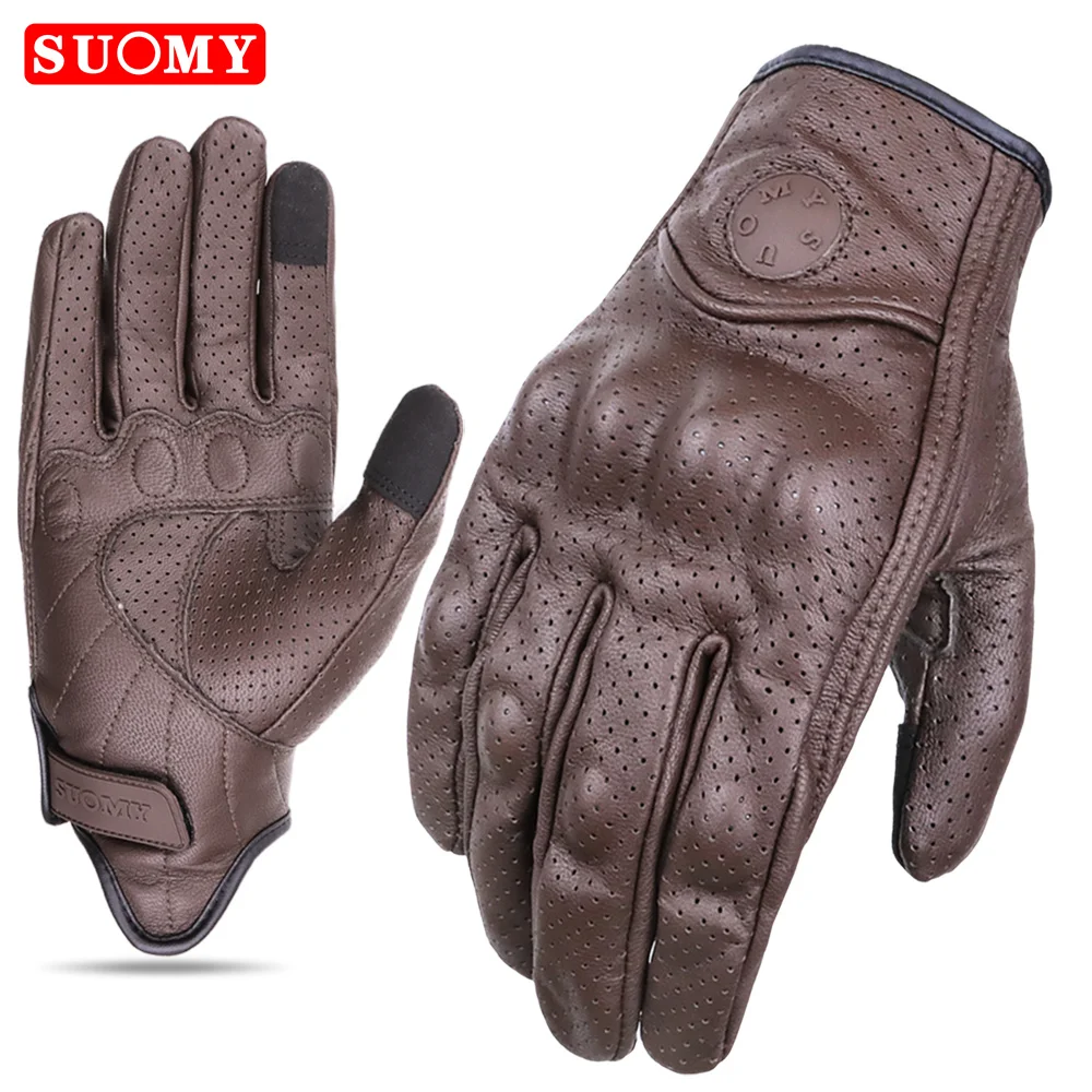 ถุงมือหนังมอเตอร์ไซค์ SUOMY สไตล์วินเทจ สำหรับผู้ชายและผู้หญิง ถุงมือขี่จักรยานยนต์สำหรับฤดูใบไม้ผลิ ถุงมือมอเตอร์ไซค์แบบเรโทร สำหรับมอเตอร์ครอส ATV สีน้ำตาล