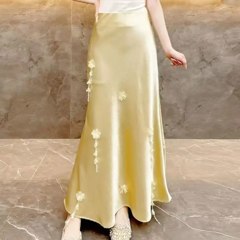

2025 Spring Summer Sweet Style Skirt for Women High Waist Long Skirt with 3D Flowers Elegant Slim Fit Fashion Versatile Skirt