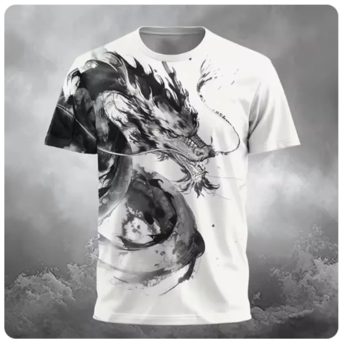 

Casual O-neck Short Sleeve Summer Loose Tops Fashion 3D Chinese Loong Pattern T Shirt For Men Hip Hop Trend Harajuku Streetwear
