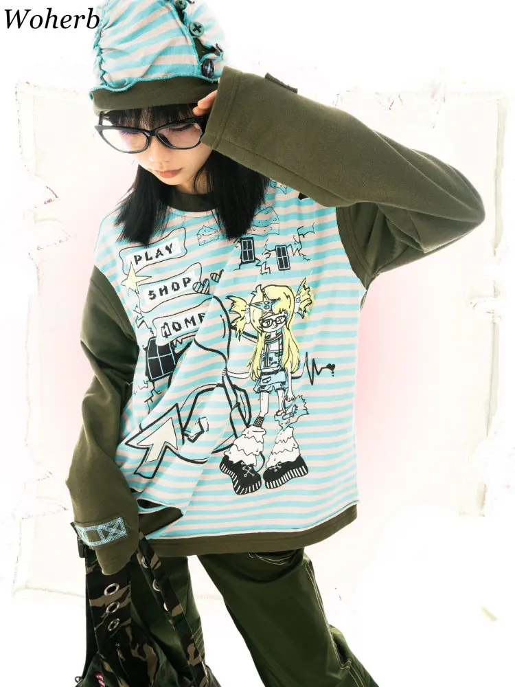 KOSAHIKI Japanese Y2k Aesthetic Long Sleeve Graphic T Shirt Women Kawaii Cartoon Print Ripped Hollow T-shirt Harajuku Grunge Tee