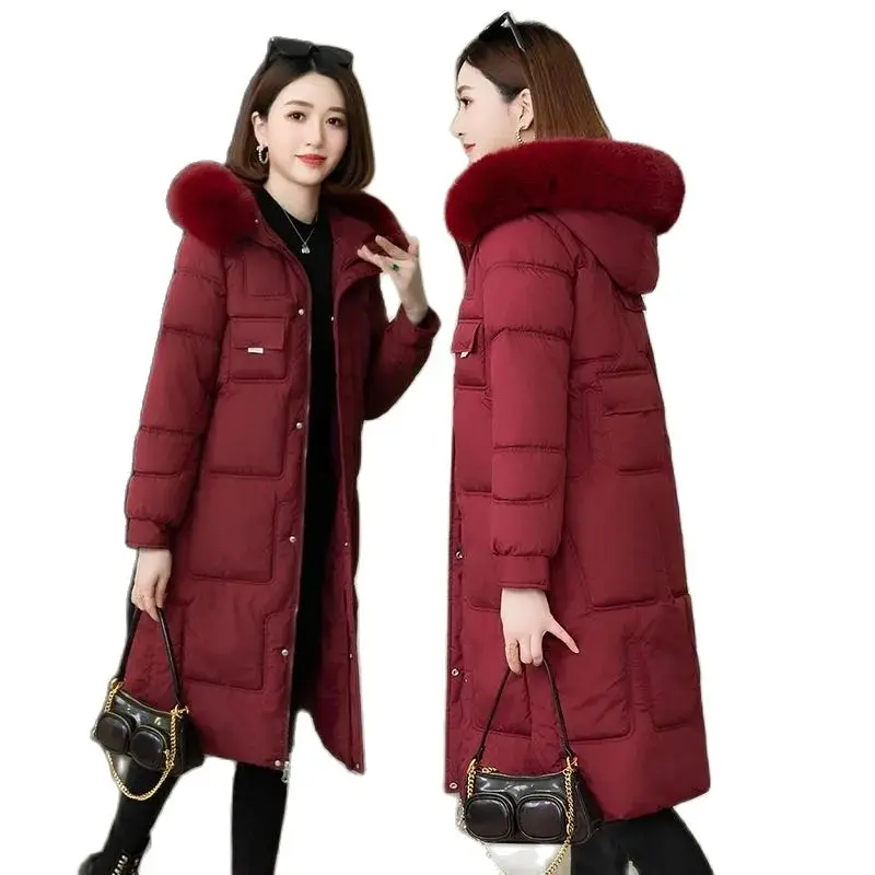 Winter 2023 New Down Cotton-Padded Jacket Women's Long Over-The-Knee Coat  Warm Slim  Hooded Casual Fashion Zipper Outcoat