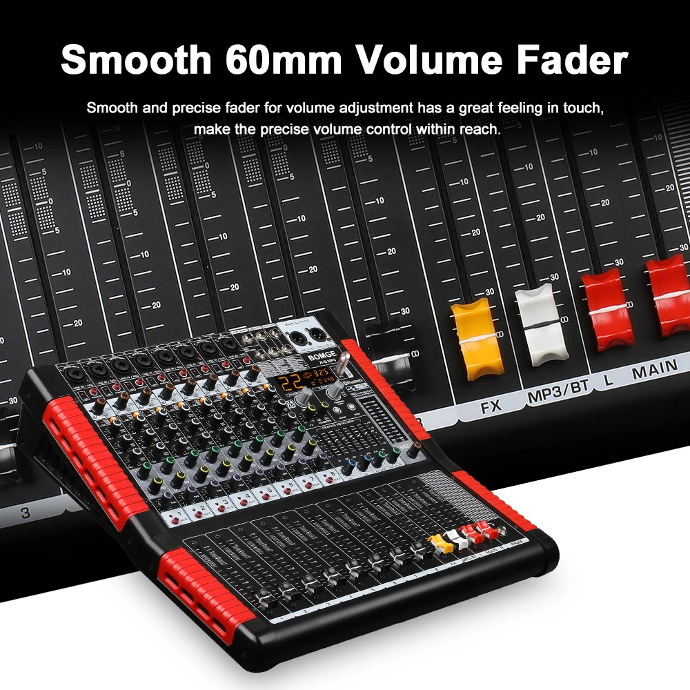 BOMGE Professional 8 Channel Audio Mixer Sound Board Mixing Console USB MP3 Bluetooth Input  48V Phantom Power 24 FX DSP For PC