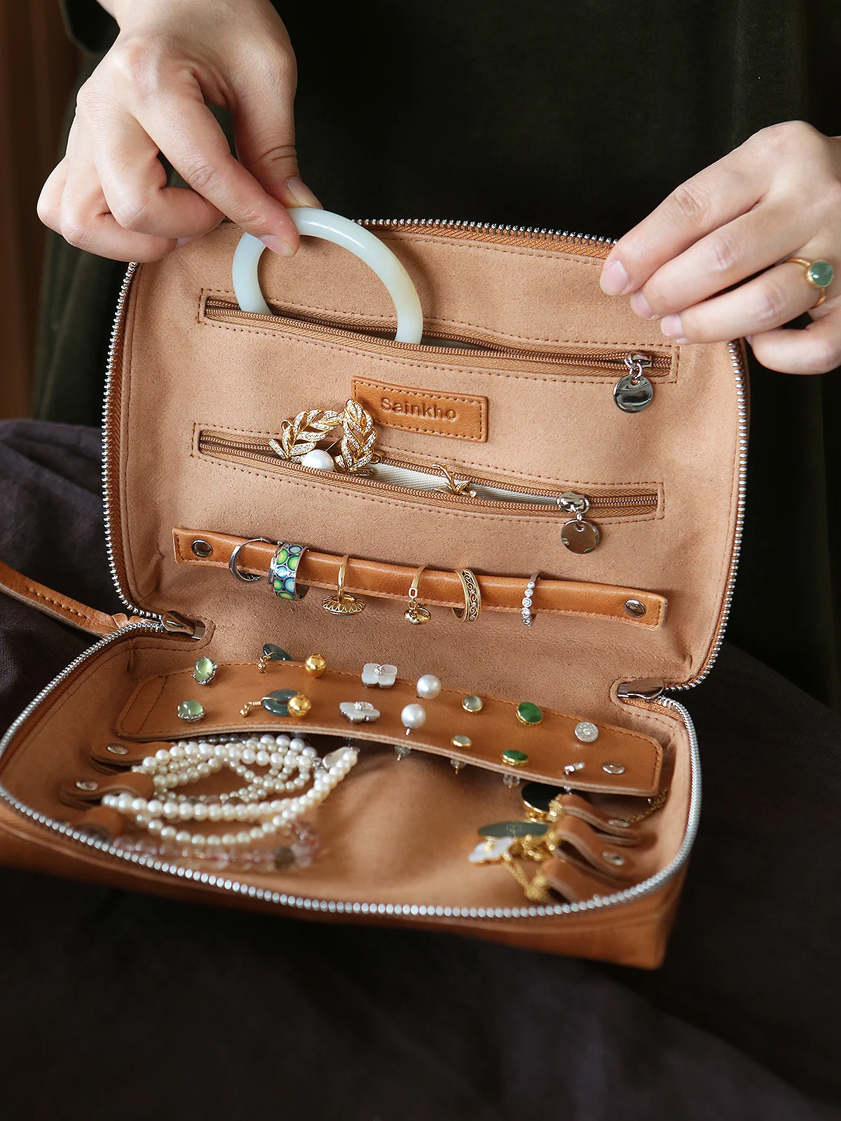 

SAINKHO Genuine Leather Jewelry Bag Travel Large Capaci Cowhide Box Bracelet Storage Nelaces Earrings Organizer