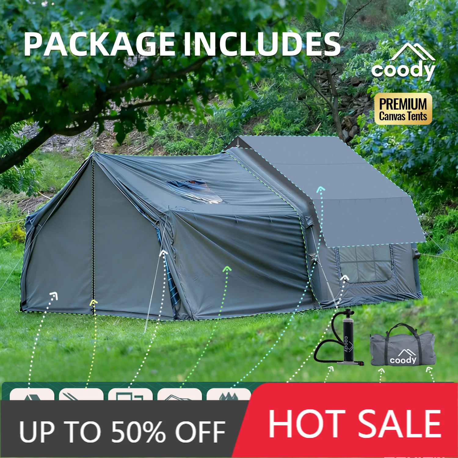 Coody 8.0+ Framed Foyer Air Tent Gray 4 Season Cotton Inflatable Shelter Factory Wholesale Outdoor Camping Tent