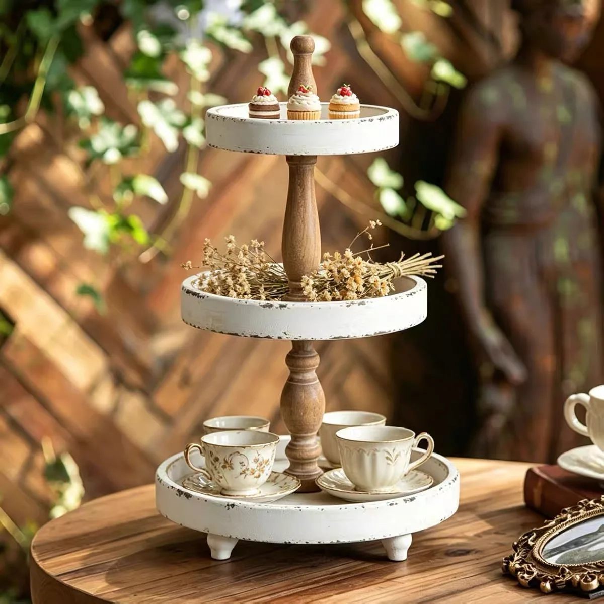 3 Tier Round Tray Stand Rustic Farmhouse Wood Display Organizer Distressed White Cupcake Display for Kitchen Table Counter Decor