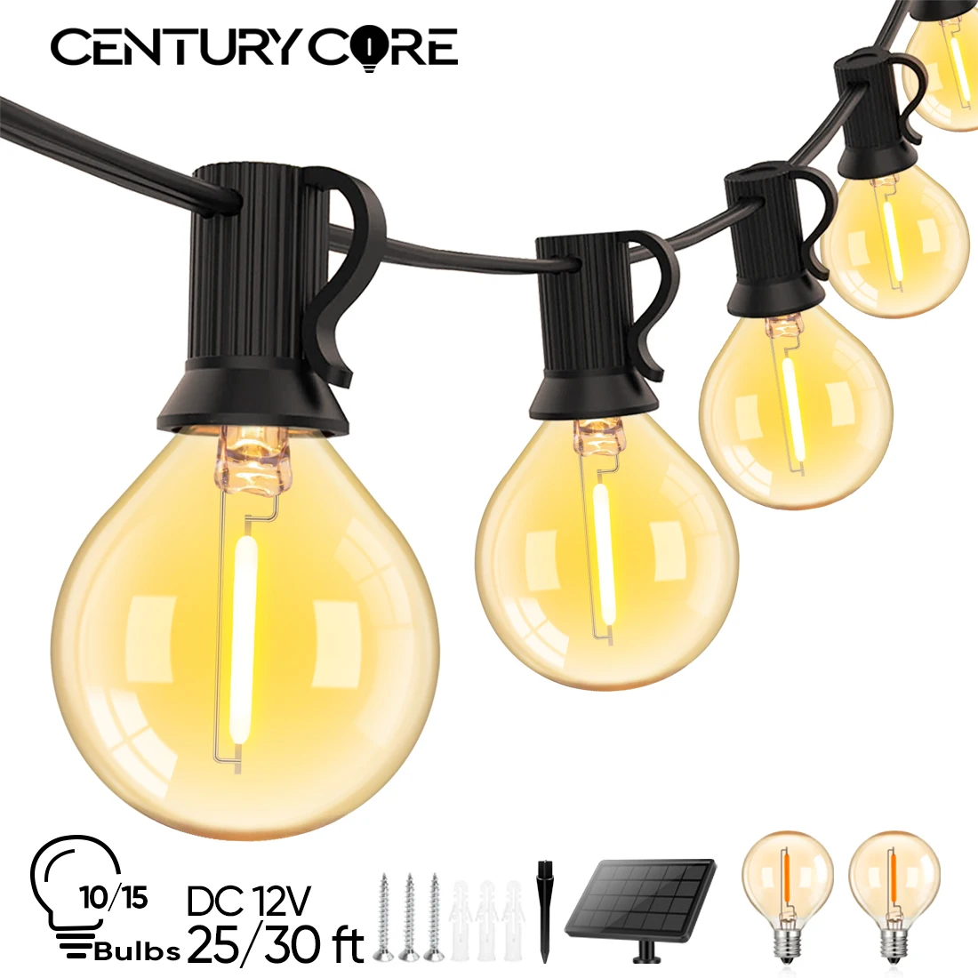 

Солнечные гирлянды, уличные глобусы G40, 12 В, 25 футов, 30 футов, светодиодные светильники из янтарного стекла, водонепроницаемые, с регулируемой яркостью, солнечные елочные фонари, уличный декор