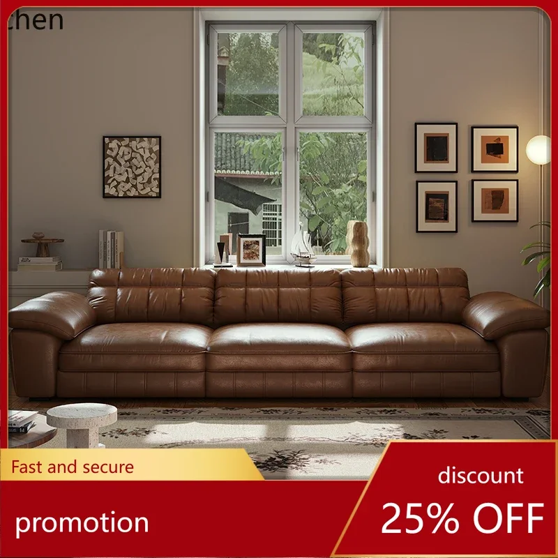 

HXL Retro straight-row leather sofa caramel color new living room small apartment sofa