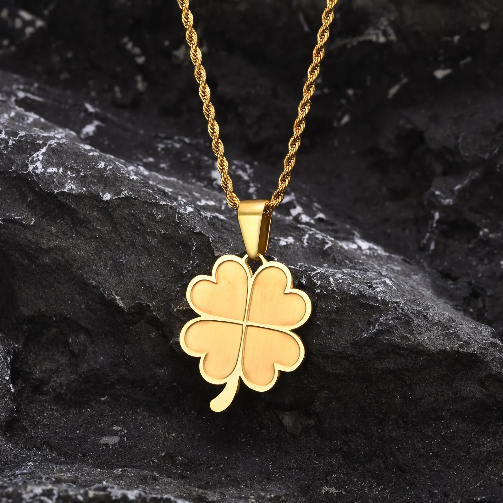 MP Lucky Leaf Necklaces for Men Boys,Stainless Steel Four Leaf Clover Pendant with 50cm/55cm/60cm Rope Chain,Blessing Gift