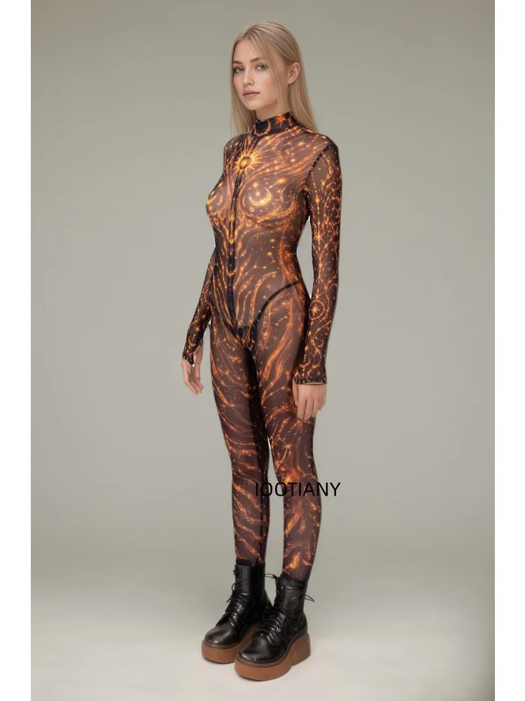 Luxuriöser Goldener Spiralblumen-Galaxie-Print Mesh-Bodysuit für Damen Sexy Cosplay Catsuit Rave Club Nachtclub Festival Mode-Jumpsuit – Detail 18