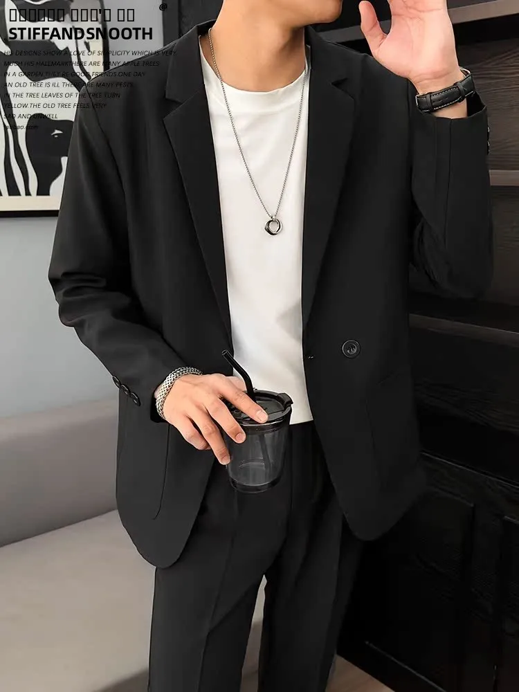

Casual Thin Men's Suit Jaet Korean Sle Spring Autumn Single Piece Set Stand Fit Long Sve Flat Collar Faionable