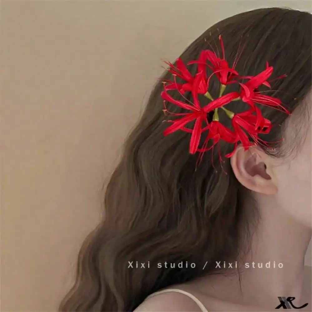 1Pc Red other side flower simulation flower hairpin edge clip side back head retro exquisite high-end New Year's bridal hair accessories - Detail 1