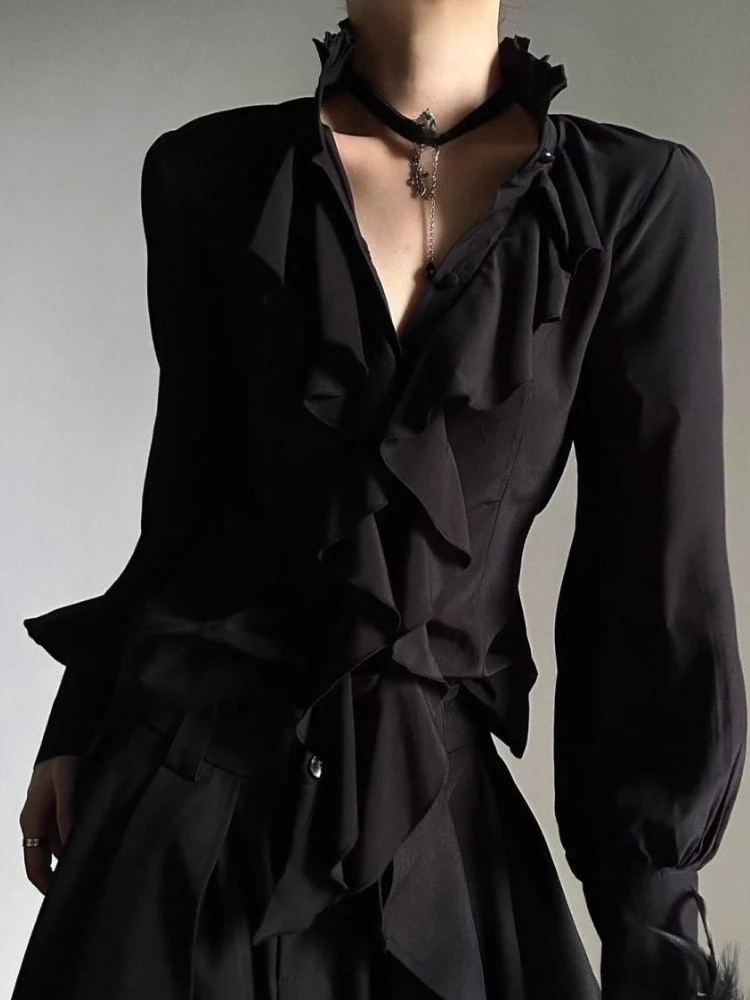 Y2k French Elegant High-End Slim Vintage Ruffled Long Sleeve Women Shirts 2000s Autumn England Style Pure Color Dark Blouse Chic