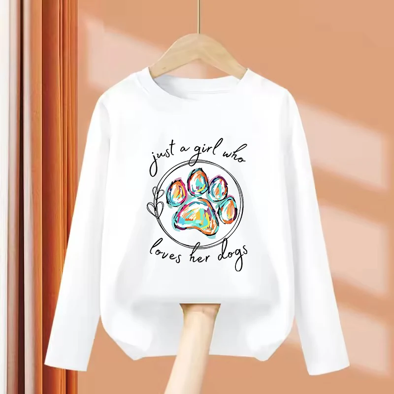 Long Sleeve Just A Girl Who Love Her Dog with Paw Design Kids Children's T-shirt Boys Girls Casual Top Tee Shirt