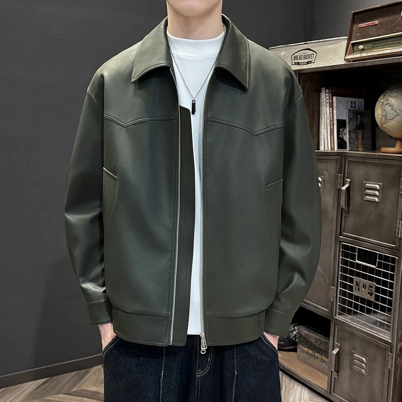 2024 Autumn Men Loose Casual Retro Streetwear Fashion Leather Short Bomber Jacket Motorcycle Coat Spring Outerwear