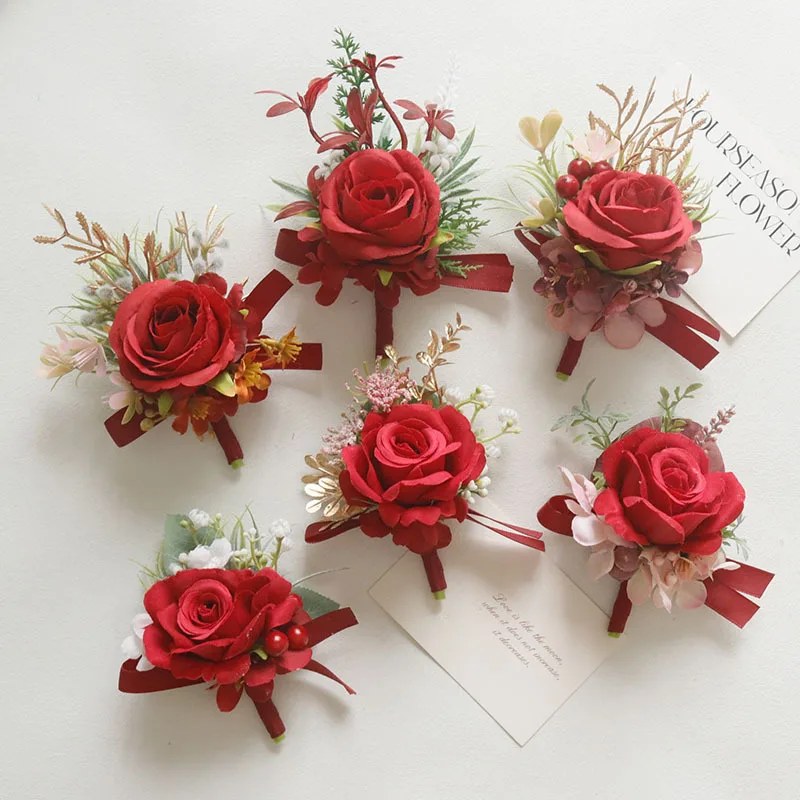 

Boutonniere And Wrist Corsage New 364Wedding Supplies Banquet Guest Artificial Flower Groom Bridal Corsage Wrist Flower Red