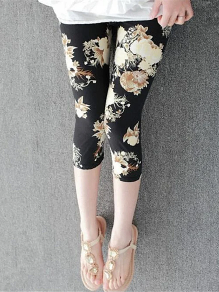 CUHAKCI Mùa Hè In Hình Quần Legging Nữ Quần Cắt Cổ Căng Đồ Bộ Áo Thun Màu Thun Capris