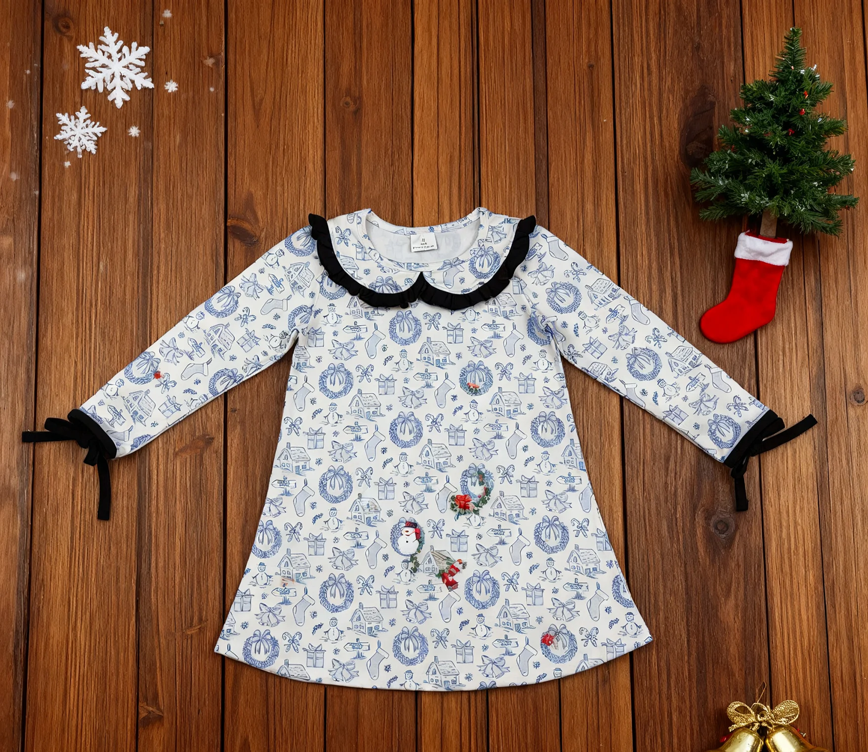 

Z1031-06 GLD1346 Kids Girls Clothes Long Sleeve Bows Print Baby Christmas Dress