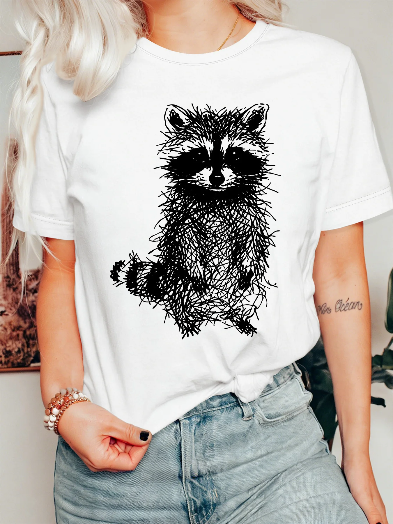 Sketch Style Raccoon Art Print Womens Crew Neck Short Sleeve T Shirt Abstract Wild Animal Casual Graphic Tees For Ladies