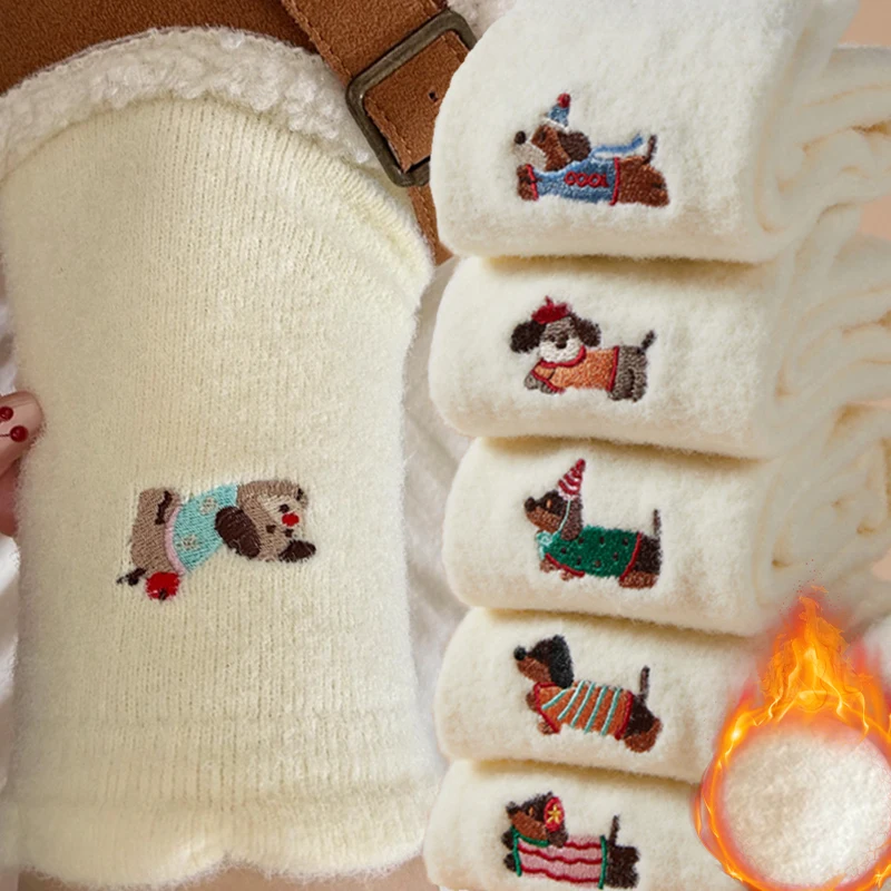 

Осенние и зимние теплые носки для хранения с бархатной колбасой и вышивкой собаки, средние носки с героями мультфильмов для девочек, милые послеродовые носки, носки для сна