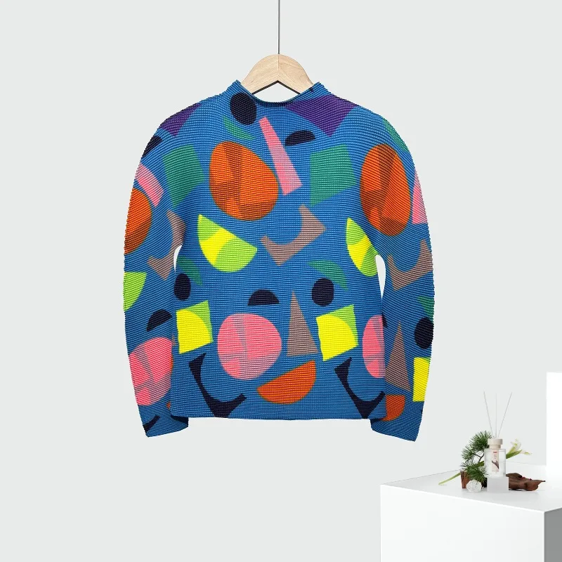 Miyake geplooide damestop Stijlvol elegant Halfhoge hals Slim-fit Afslankende basislaag T-shirt met lange mouwen Gelaagdheid of bovenkleding