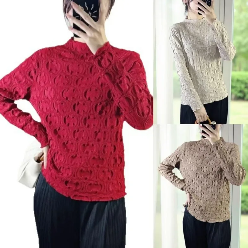 

Плиссированная футболка Miyake 2025 г., дизайнерская одежда с длинными рукавами, полувысоким воротником и тисненой вышивкой, минималистичная однотонная элегантная женская одежда