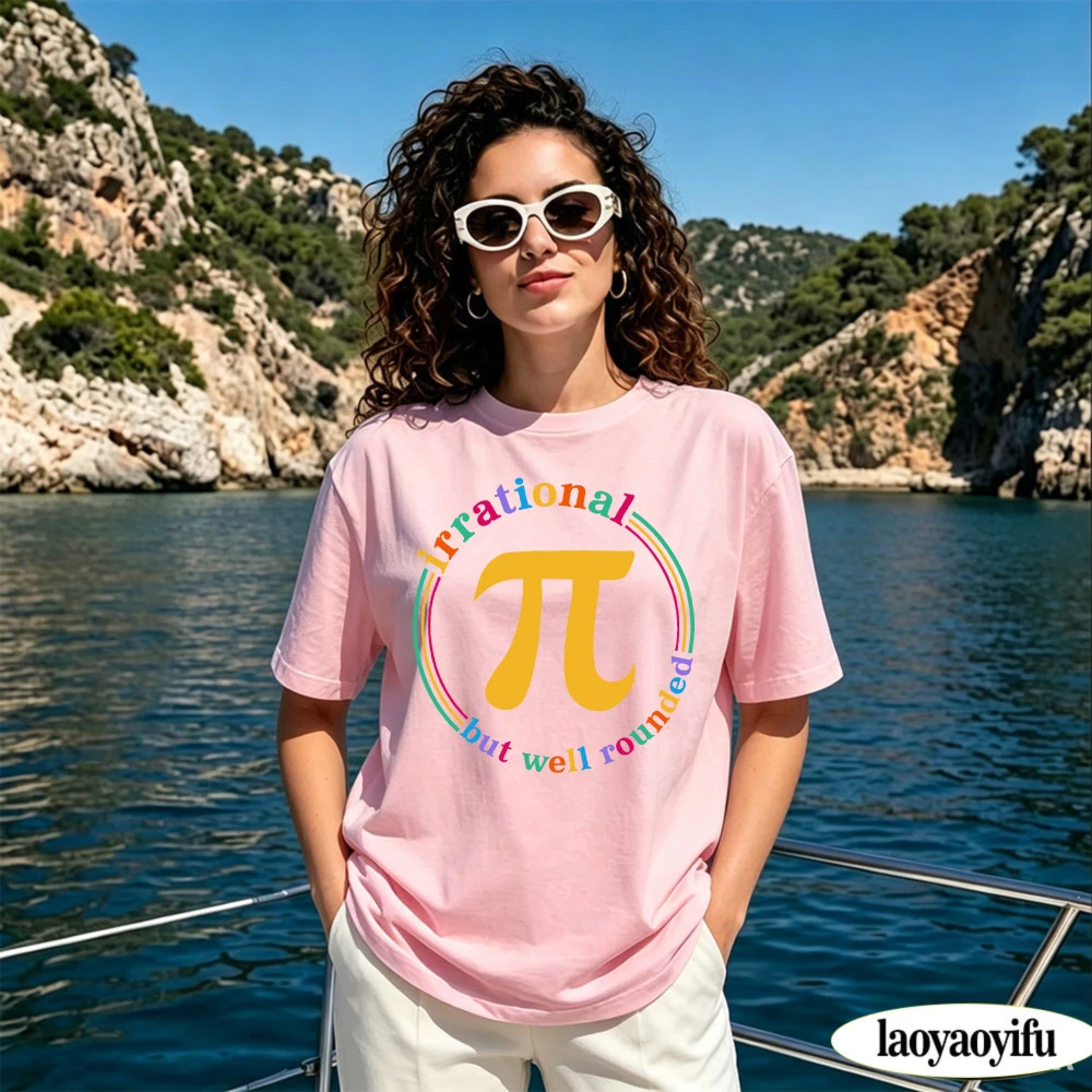 Irrational But Well Rounded Pi Symbol Rainbow Circle Graphic Print Women Summer Short Sleeve T Shirt Math Teacher Casual Apparel