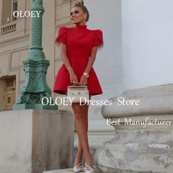 OLOEY 2025 New Red Mini Cocktail Dress A Line Short Wedding Party Dress Bow Button Back Prom Gown High Neck Custom Made