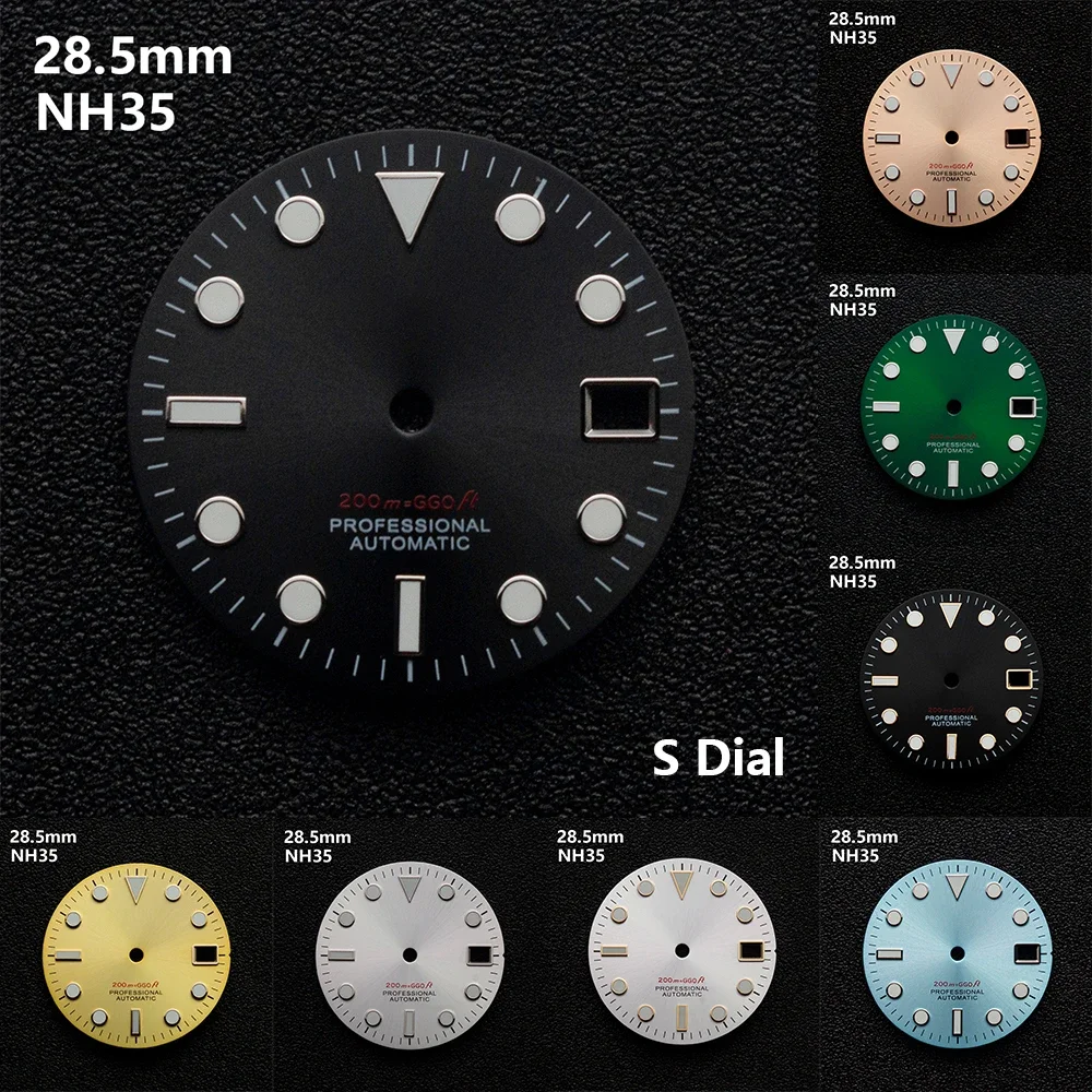 

28.5mm S Logo SUB Dive Dial Fit NH35/NH36/4R/7S Japanese Movement Green Luminous Sunray High-Quality Watch Modified Accessories