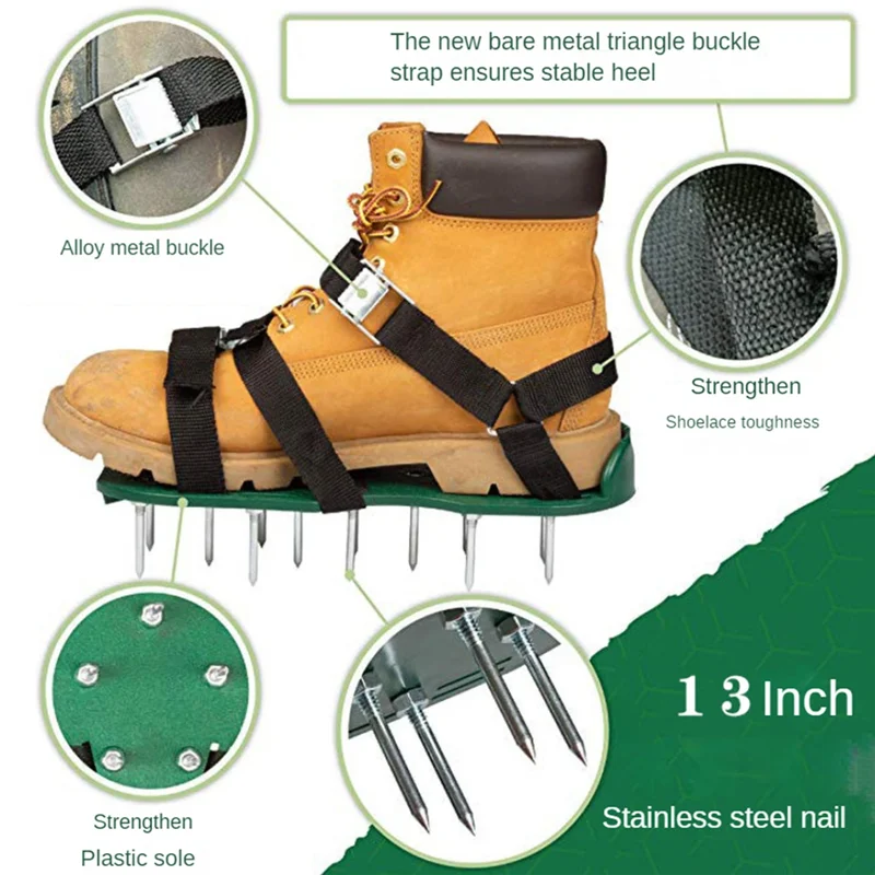 ABUP-Garden Grass Scarifying Shoes Metal+PP Lawn Spikes Scarifying Shoes Lawn Punch Shoes 57Mm Black & Green