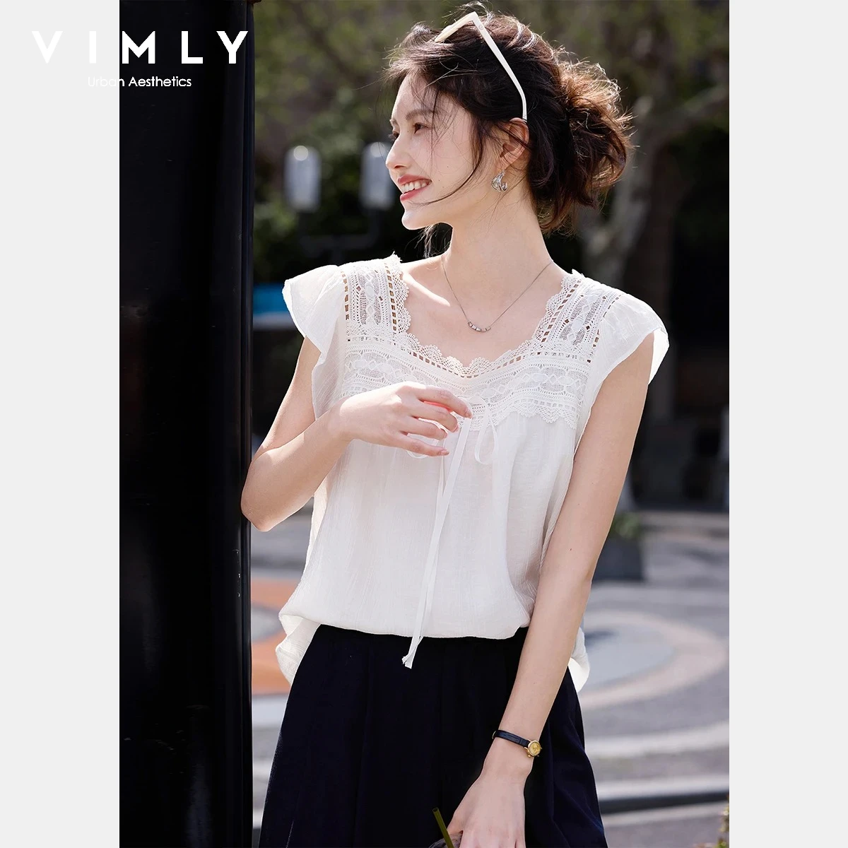 

VIMLY Women Lazy Style White Shirt Summer 2026 New Lace Flying Sleeves Lace-Up Square Neck White Shirt Ladies Top A6518