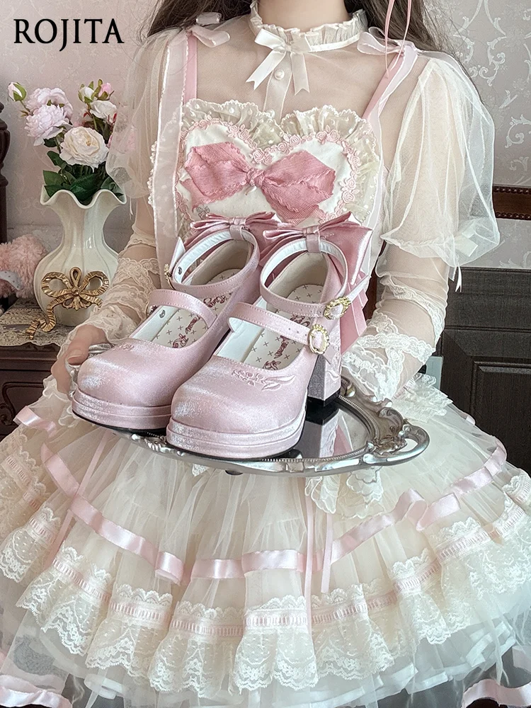 

Lolita Original Design Satin Elegant Mid-Heel Bow Mary Jane Shoes Waterproof Platform Satin Square Root Sweet High Heels