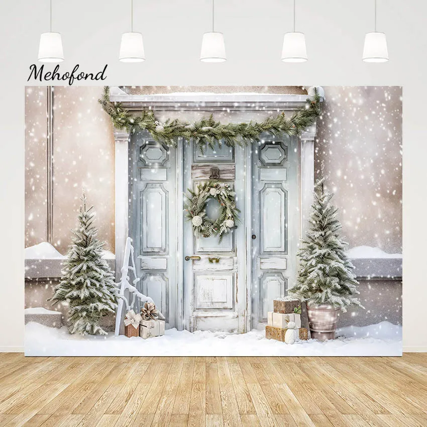 Mehofond Christmas Photography Background White Wooden Door Xmas Wreath Tree Snow Decor Kids Family Portrait Backdrop Studio