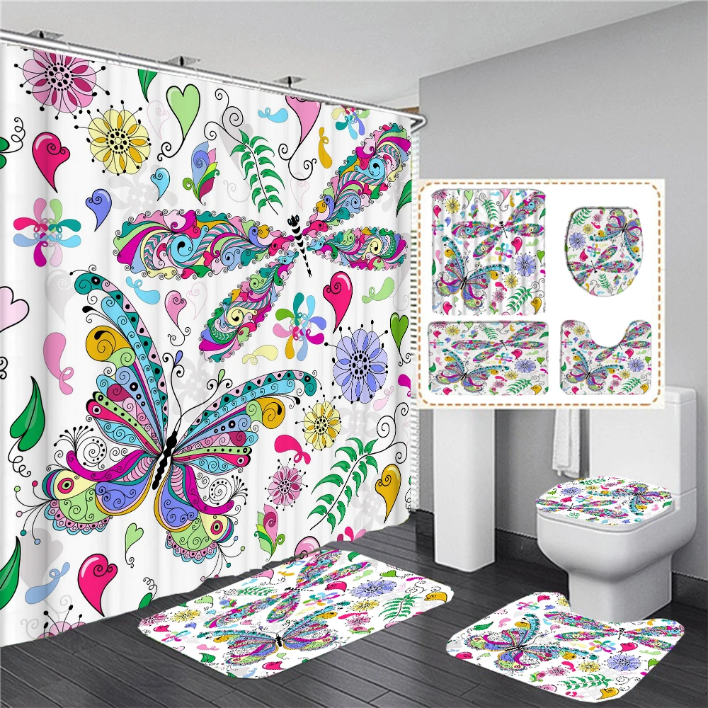 

Flowers Butterfly Fabric Shower Curtain Polyester Bathroom Curtains Set with Hooks Toilet Cover Lid Bath Mat Non-slip Rug Decor