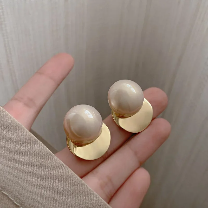 Pink Round Big Imitation Pearl Geometry Fold Disc Stud Earrings for Women Korean Fashion Cute Girl Jewelry Accessories