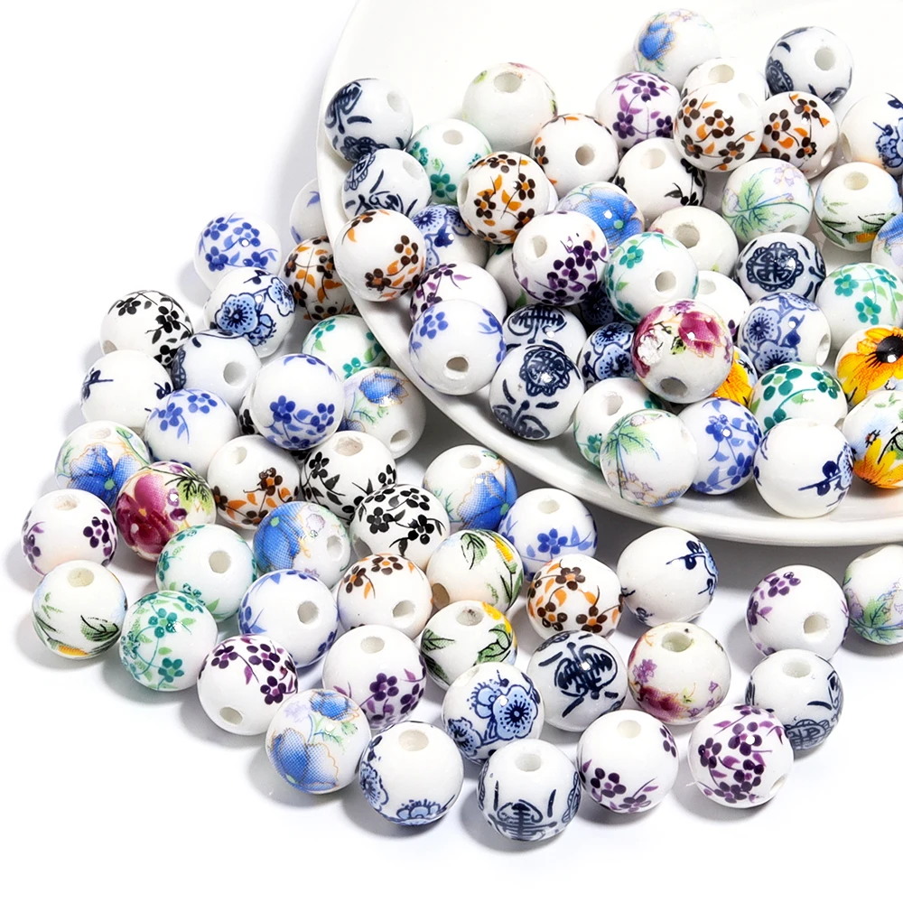 50pcs/lot Round Flower Patterns Ceramic Beads Jingdezhen Porcelain Loose Spacer Beads For Jewelry Making DIY Bracelet Findings